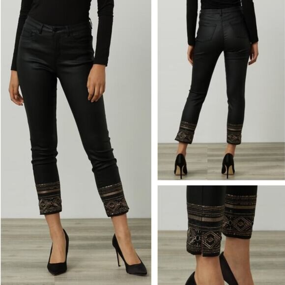 JOSEPH RIBKOFF Waxed Slim Fit Jean Size 4 Black Metallic Pattern Hem Detail - Picture 1 of 7